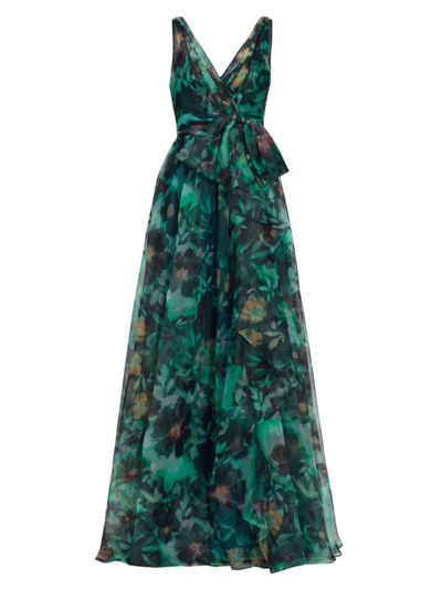 Badgley Mischka Dressing Gown Aus Organza Mit Floralem Print Und Wickeleffekt In Green Multi