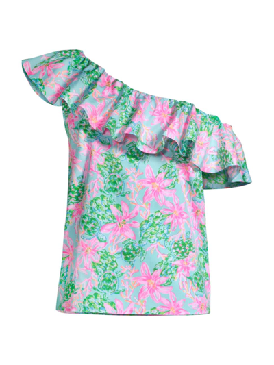 Lilly Pulitzer Zeldie Floral-printed One-shoulder Ruffle Top In Surf Blue
