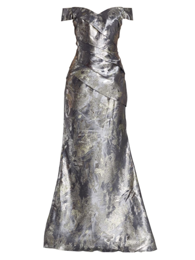 Rene Ruiz Collection Off-the-shoulder Jacquard Mermaid Gown In Silver Grey