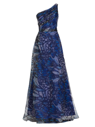 Rene Ruiz Collection Butterfly-print Organza One-shoulder Gown In Blue Black