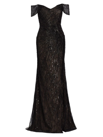 Rene Ruiz Collection Sequined Off-the-shoulder Gown In Black