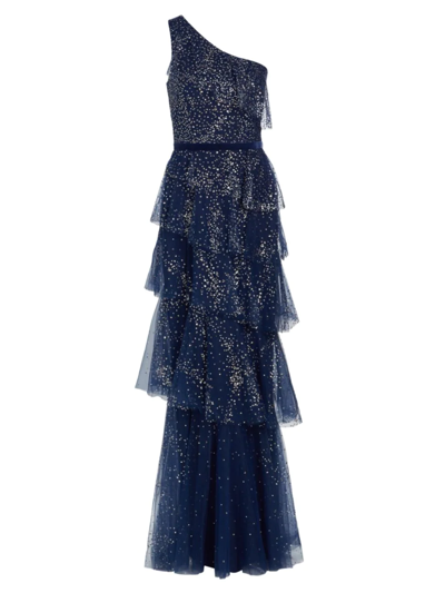 Marchesa Notte One-shoulder Tiered Tulle Gown In Blue