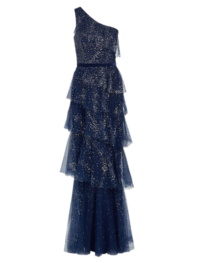 Marchesa Notte One-shoulder Tiered Tulle Gown In Navy