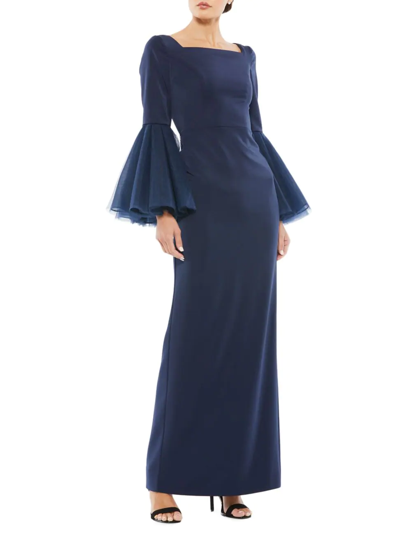 Mac Duggal Flounced Sleeve Square Neck Column Gown In Navy
