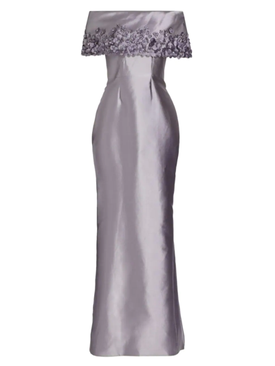 Catherine Regehr Satin Petaled Off-the-shoulder Gown In Purple