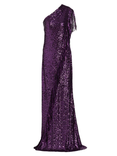 Badgley Mischka One-shoulder Fringe Sequin Gown In Plum