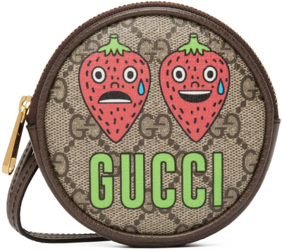 Gucci Beige Strawberry Coin Pouch In Brown