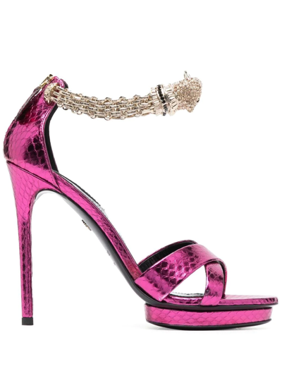 Roberto Cavalli Panther 125mm Metallic Sandals In Purple