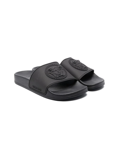 Versace Kids' Medusa-raised Pool Slides In Black