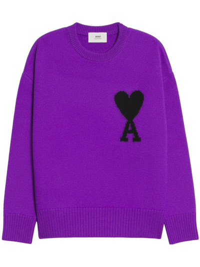 Ami Alexandre Mattiussi Ami De Coeur Knitted Crew-neck Sweater In Purple Black