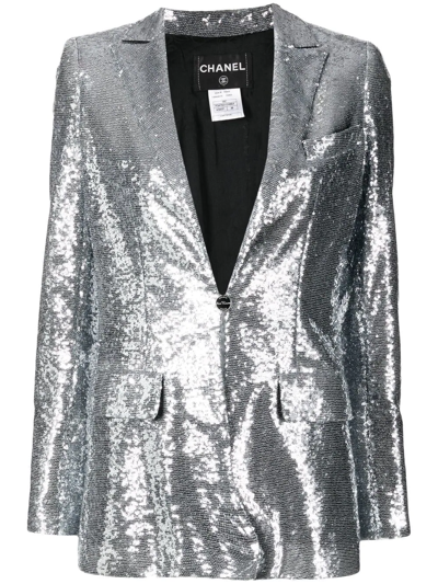 Pre-owned Chanel 2009 Notched Lapels Sequin Blazer In Silver