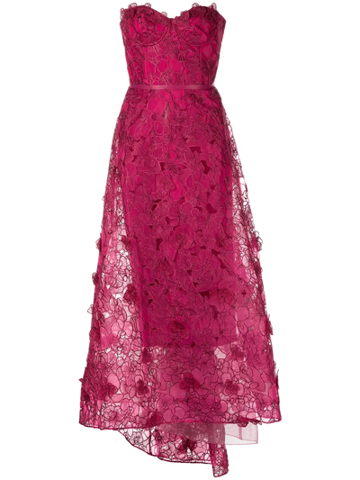 Marchesa Notte Strapless Embroidered High-low Gown In Pink