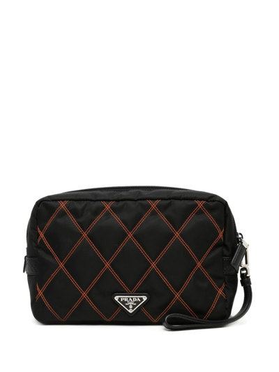 Pre-owned Prada Diamond-quilted Logo Plaque Clutch In Black