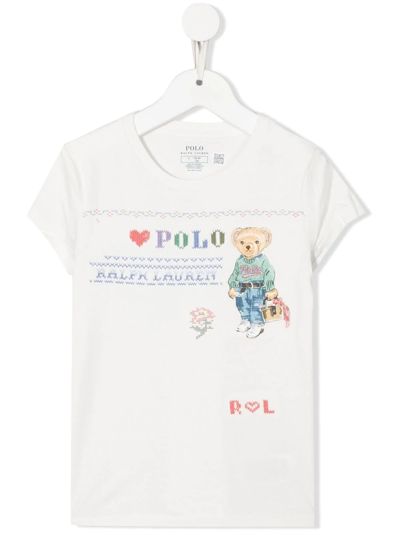Ralph Lauren Kids' Teddy Bear-print Short-sleeve T-shirt In White