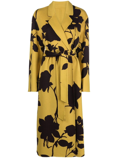 P.a.r.o.s.h Leaf-print Wool Trench Coat In Yellow