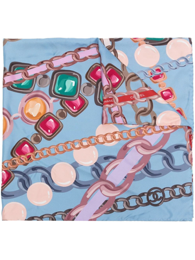 Pre-owned Chanel Jewellery Print Silk Scarf In Blue