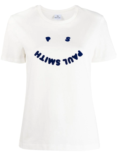 Ps By Paul Smith Ps Paul Smith Flocked Smiley Logo Crewneck T In White