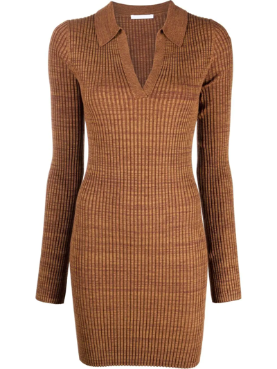 Helmut Lang Marl Ribbed-knit Long-sleeve Polo Dress In Brown