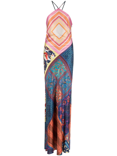 Staud Cubism Printed Satin-twill Halterneck Maxi Dress In Multi