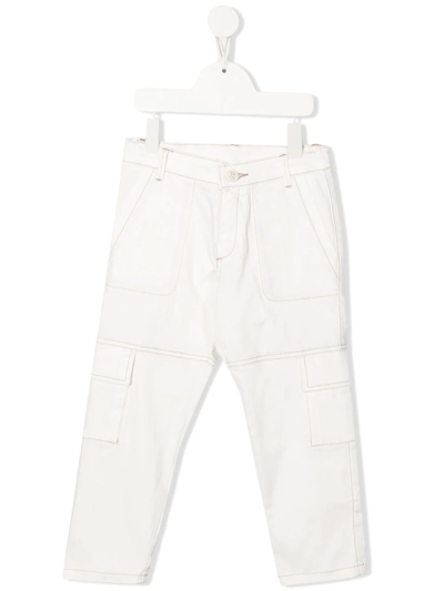 Eleventy Kids' Pantalone Cargo Bianco In Gabardine Di Cotone In White