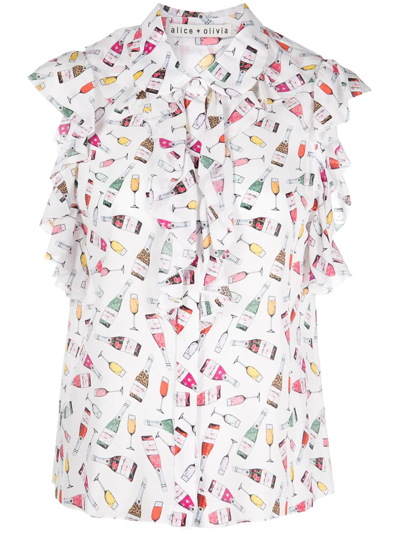 Alice And Olivia Robbie Weekend Toast Print Ruffle Silk Blouse In Multi-colour