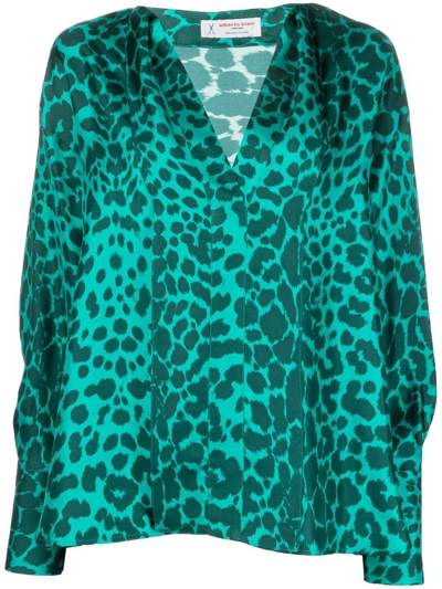 Alberto Biani Leopard-print Silk Blouse In Green