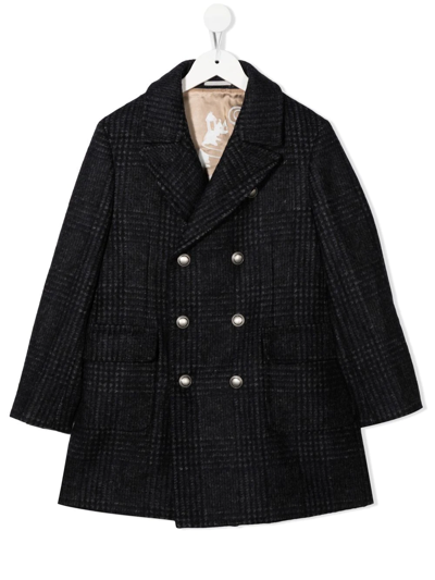 Brunello Cucinelli Kids' Plaid-check Print Double-breasted Coat In Blu