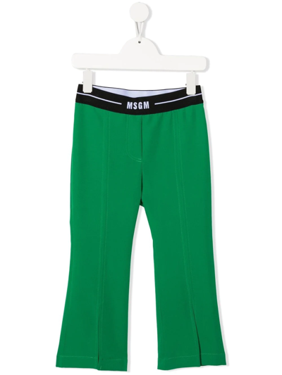 Msgm Kids' Logo-waistband Flared Trousers In Green