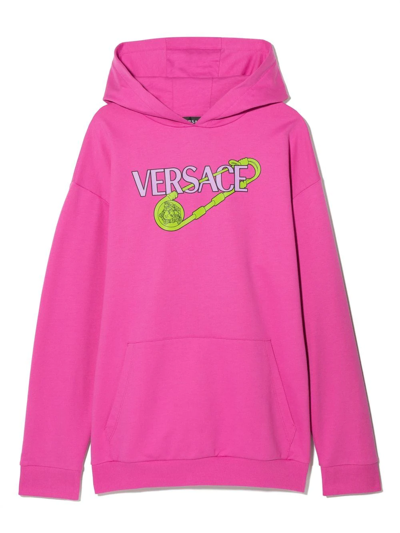 Versace Teen Logo-print Pullover Hoodie In Pink