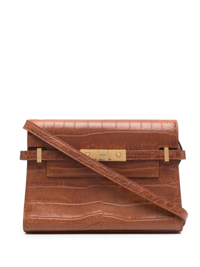 Saint Laurent Manhattan Croc-effect Shoulder Bag In Brown