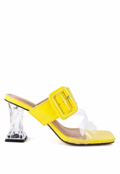 London Rag City Girl Printed Mid Heel Slide Sandals In Yellow
