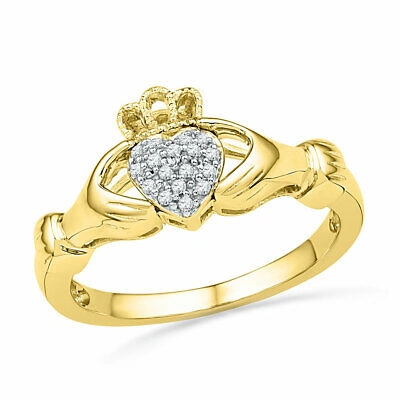 Pre-owned Markenlos 10k Gelbgold Damen Rund Diamant Claddagh Hände Herz Haufen Ring 1/20 Karat