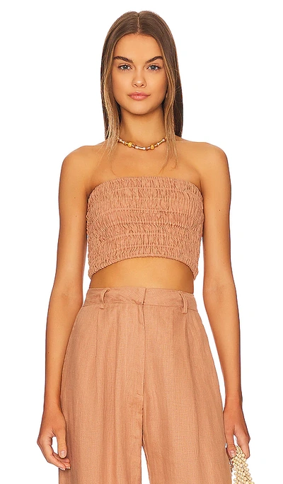 Faithfull The Brand + Net Sustain Latia Cropped Shirred Linen Bandeau Top In Brown