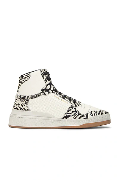 Saint Laurent Men's Sl/24 Mid-top Sneakers In Smooth Leather And Zebra Print Pony Effect Leather In Black