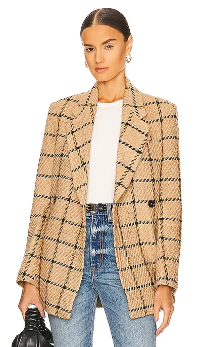 Anine Bing Kaia Double-breasted Checked Tweed Blazer In Camel