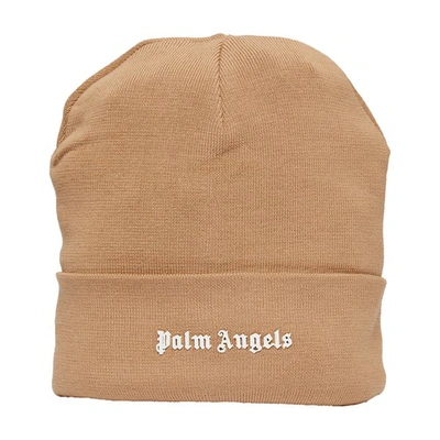 Palm Angels Logo Beanie In Sand White