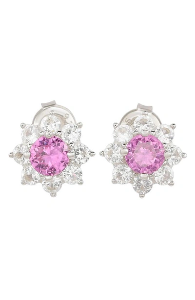 Suzy Levian Sterling Silver Pink Sapphire Flower Halo Stud Earrings In Purple