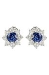 Suzy Levian Sterling Silver Blue Sapphire Flower Halo Stud Earrings In Blue