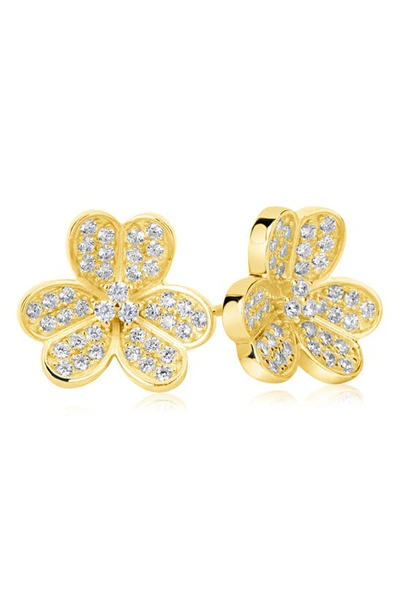Suzy Levian Sterling Silver Cz 3-petal Flower Stud Earrings In Gold