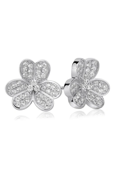 Suzy Levian Sterling Silver Cz 3-petal Flower Stud Earrings In White