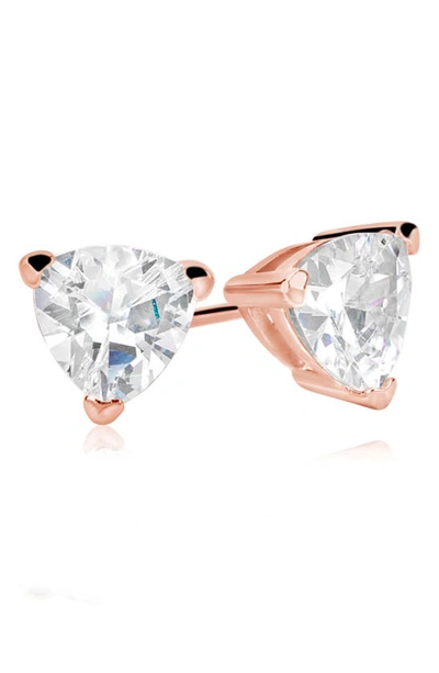 Suzy Levian Sterling Silver Trillion Shape Cz Stud Earrings In Rose