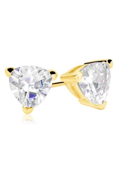 Suzy Levian Sterling Silver Trillion Shape Cz Stud Earrings In Gold