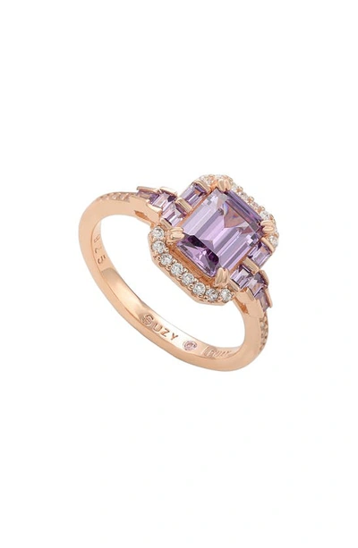 Suzy Levian Rose Gold Plated Sterling Silver Emerald Cz Ring In Purple