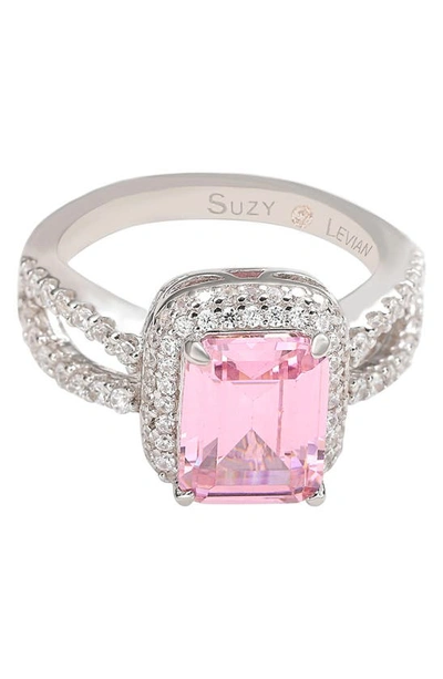 Suzy Levian Sterling Silver Pink Emerald Cz Pavé Halo Ring