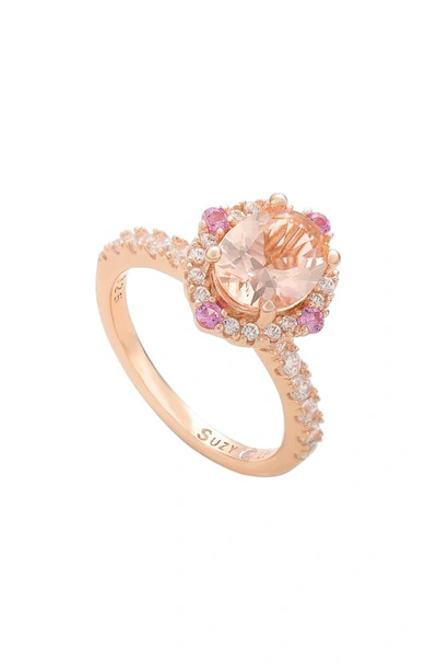 Suzy Levian Rose Gold Sterling Silver Oval Cut Cz Halo Ring In Pink