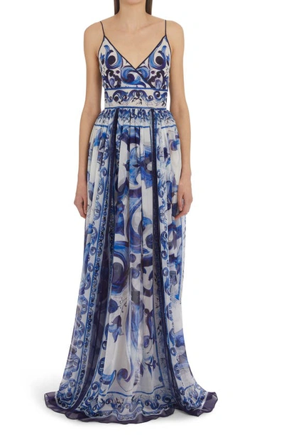 Dolce & Gabbana Blu Mediterraneo Sleeveless Painterly Maxi Dress In Tris Maioliche