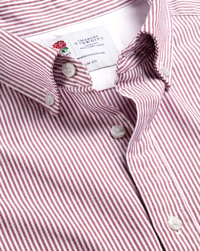 Charles Tyrwhitt England Rugby Button-down Collar Washed Oxford Stripe Cotton Shirt In Red