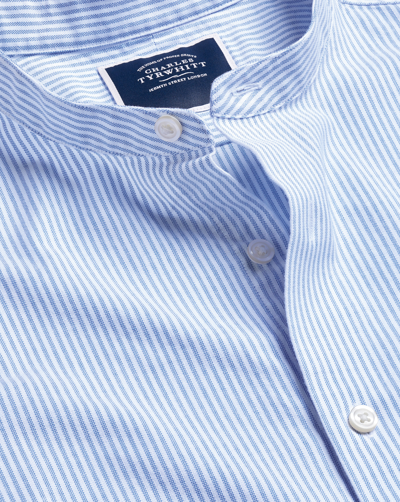 Charles Tyrwhitt Collarless Stretch Washed Oxford Stripe Cotton Casual Shirt In Blue