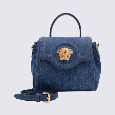 Versace Mini La Medusa Denim Top Handle Bag In Navy Blue