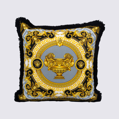 Versace Grey And Gold-tone Cotton Pillow In White-gold